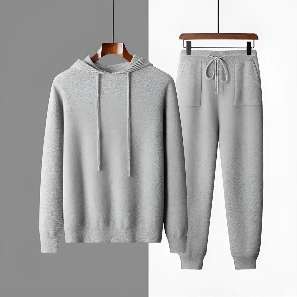 Men's grey hooded cashmere sweater and trousers set for winter casual wear