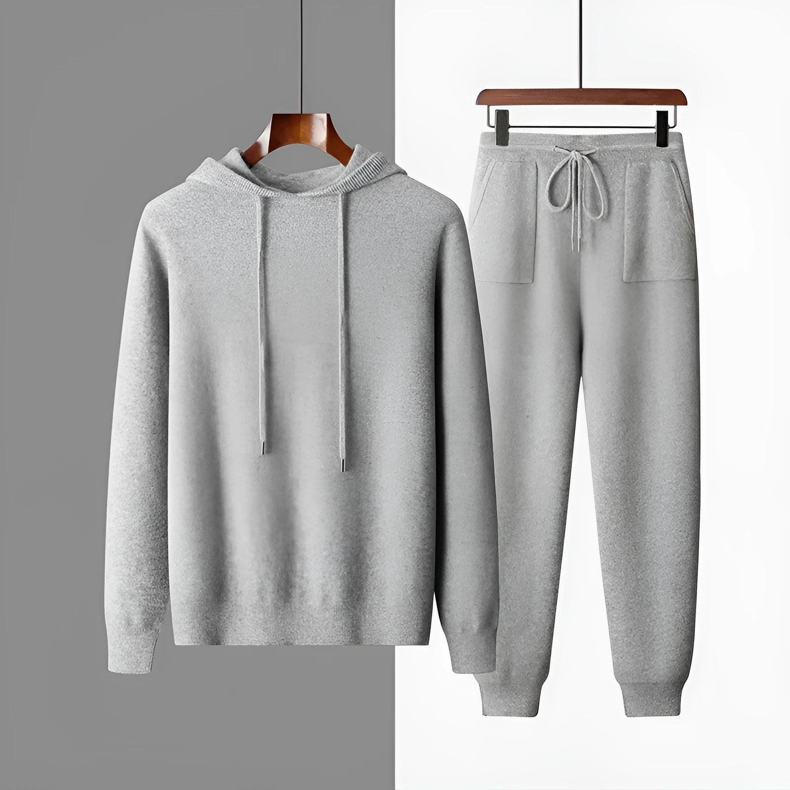 Men's grey hooded cashmere sweater and trousers set for winter casual wear