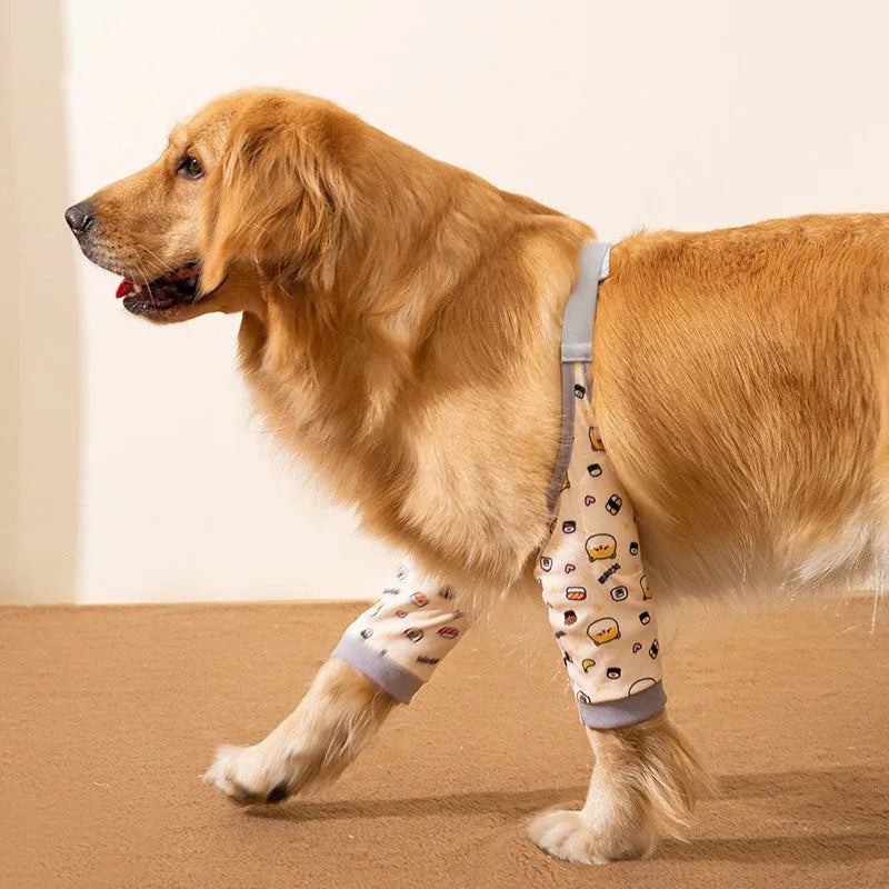 Blue dog knee protector sleeve with padded elbow patch and matching scarf, showing plastic buckle adjustment.