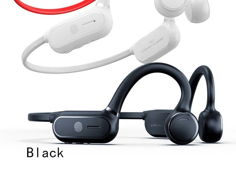 Black air conduction wireless earphones with titanium frame showing touch controls and ergonomic ear-hook design