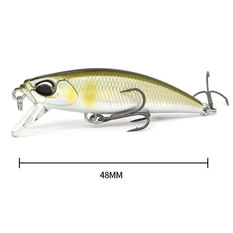 Japanese submerged mino fishing lure, 48mm long, in one of fourteen colour options A through N.