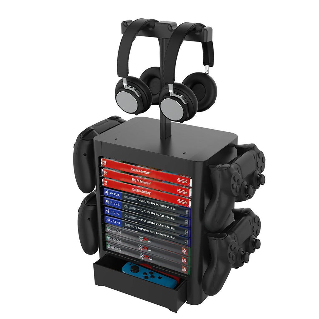 Black universal game console storage rack with headphone stand and drawer for controllers and games