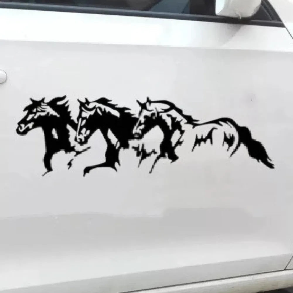 Three Horses steed design car sticker measuring 25 by 8 cm in black, white, red, and blue colour options.