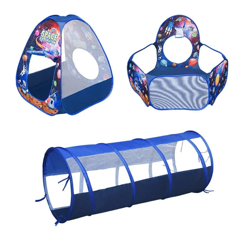 Colourful three-in-one children's play tent with ball pool and crawl tunnel in a marine cartoon theme.