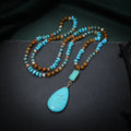 Turquoise blue heart-shaped pendant necklace with mixed gemstone inlay on 81cm ball bead chain