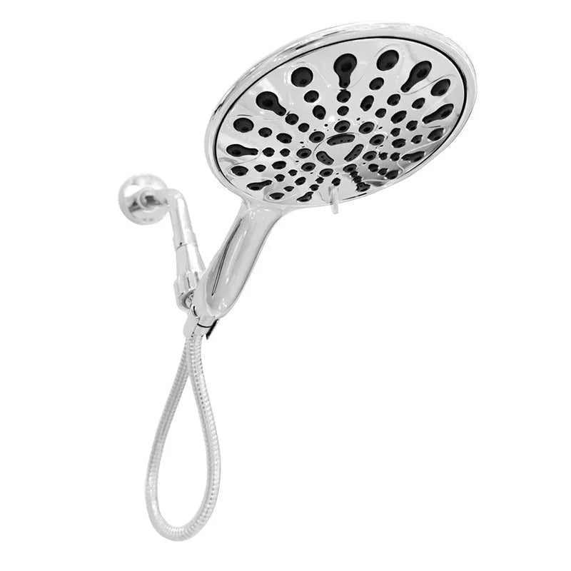 Six-function handheld shower head with electroplated finish, shown alongside its spray settings diagram.