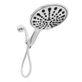 Six-function handheld shower head with electroplated finish, shown alongside its spray settings diagram.