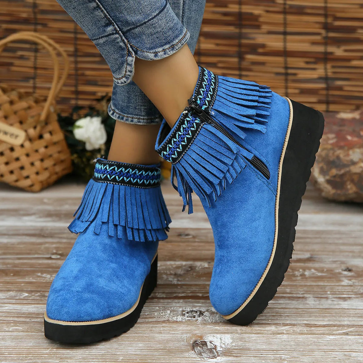 Dark brown suede women's wedge ankle boots with side zip and tassel on a waterproof platform sole.