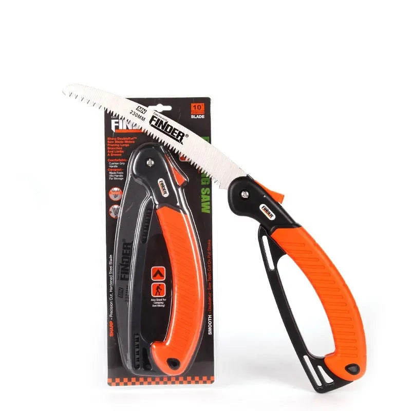 9-inch folding garden saw with TPR grip handle showing extended and folded positions