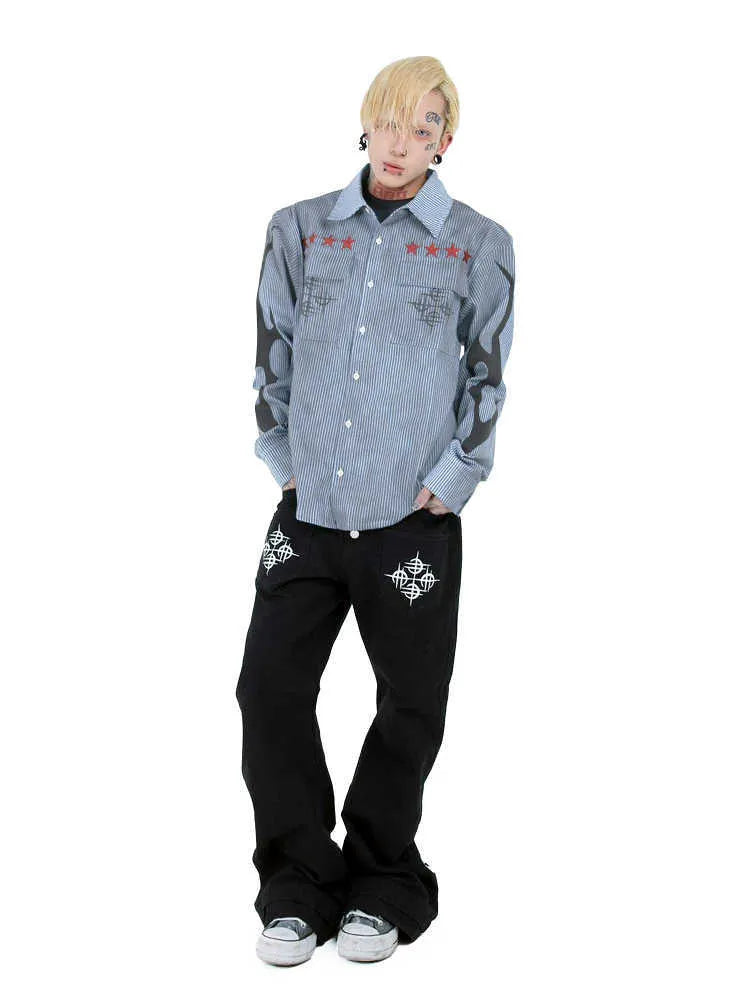 Men's washed blue and white striped long sleeve shirt with a lapel collar on a hanger.