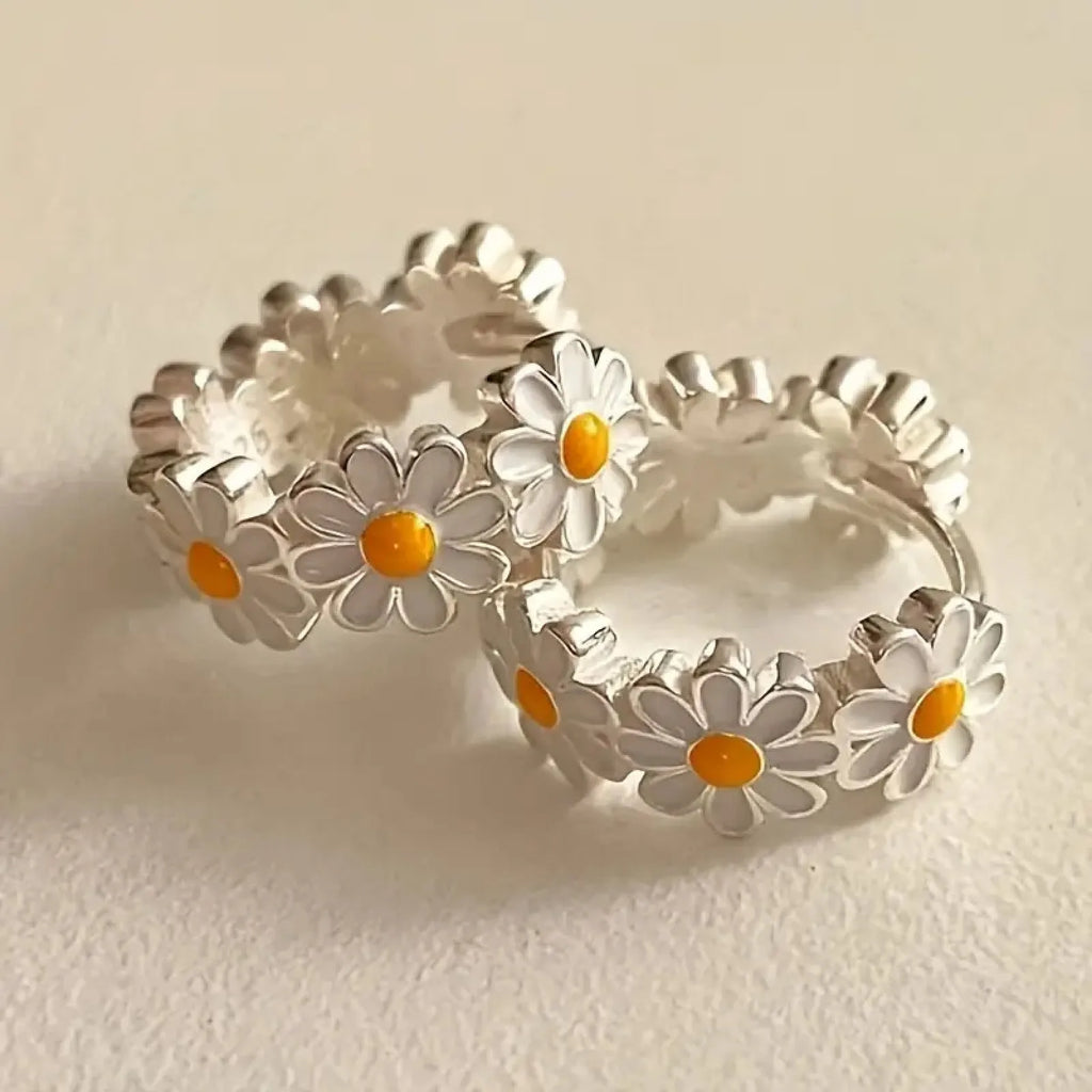 White daisy flower ring earrings with electroplated copper and platinum gem accents