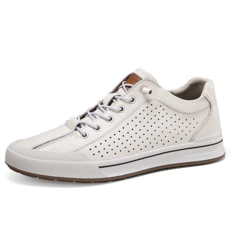 Men's white and black leather shoes with flat heel and round toe design