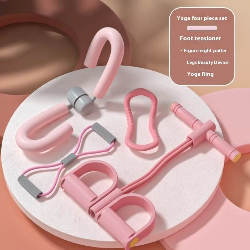 Yoga four piece fitness set showing leg beauty device, yoga ring, pedal tension device, and eight-figure tension rope.