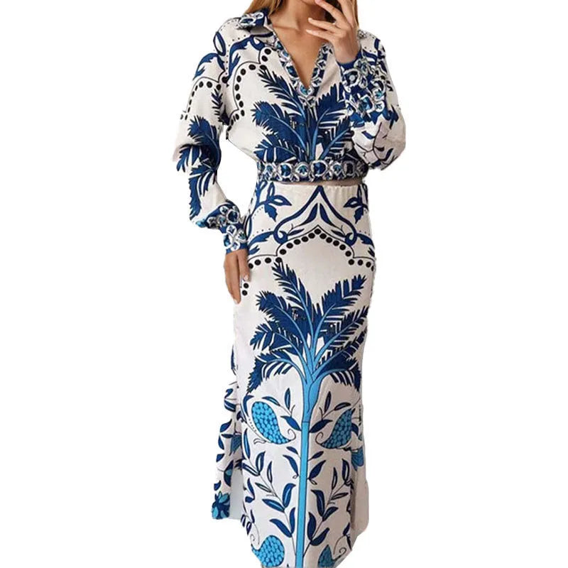 Women's long sleeve top and long skirt casual set in spring colour