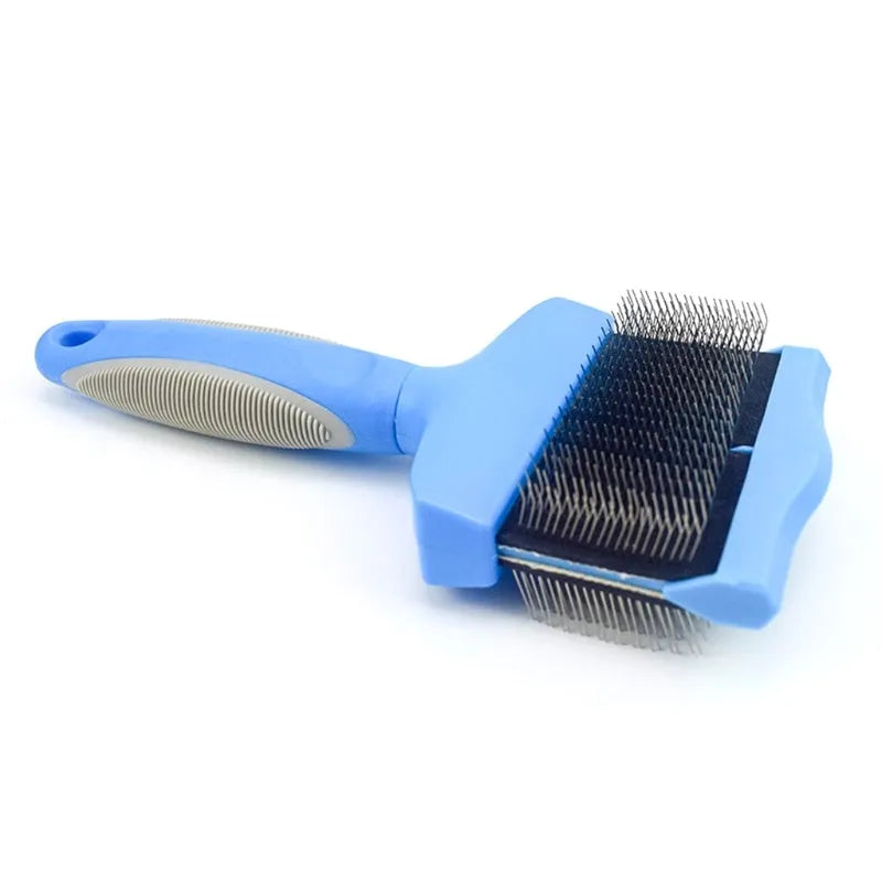 Double-sided pet brush with stainless steel pins on one side and softer pins on the other, in blue colour