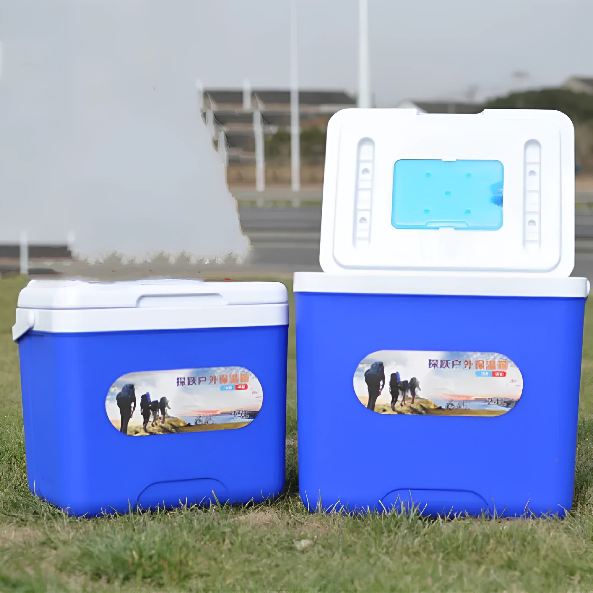 Blue portable insulated cooler box with aluminium foil exterior and multiple capacity size options.