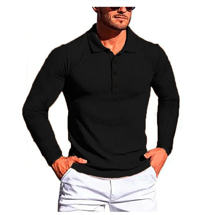 Man wearing a loose, striped, short sleeve knit shirt in a summer setting