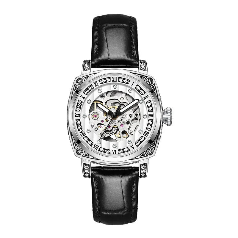 Men's mechanical watch with luminous hands and leather band, waterproof to 10 metres, showing four colour options