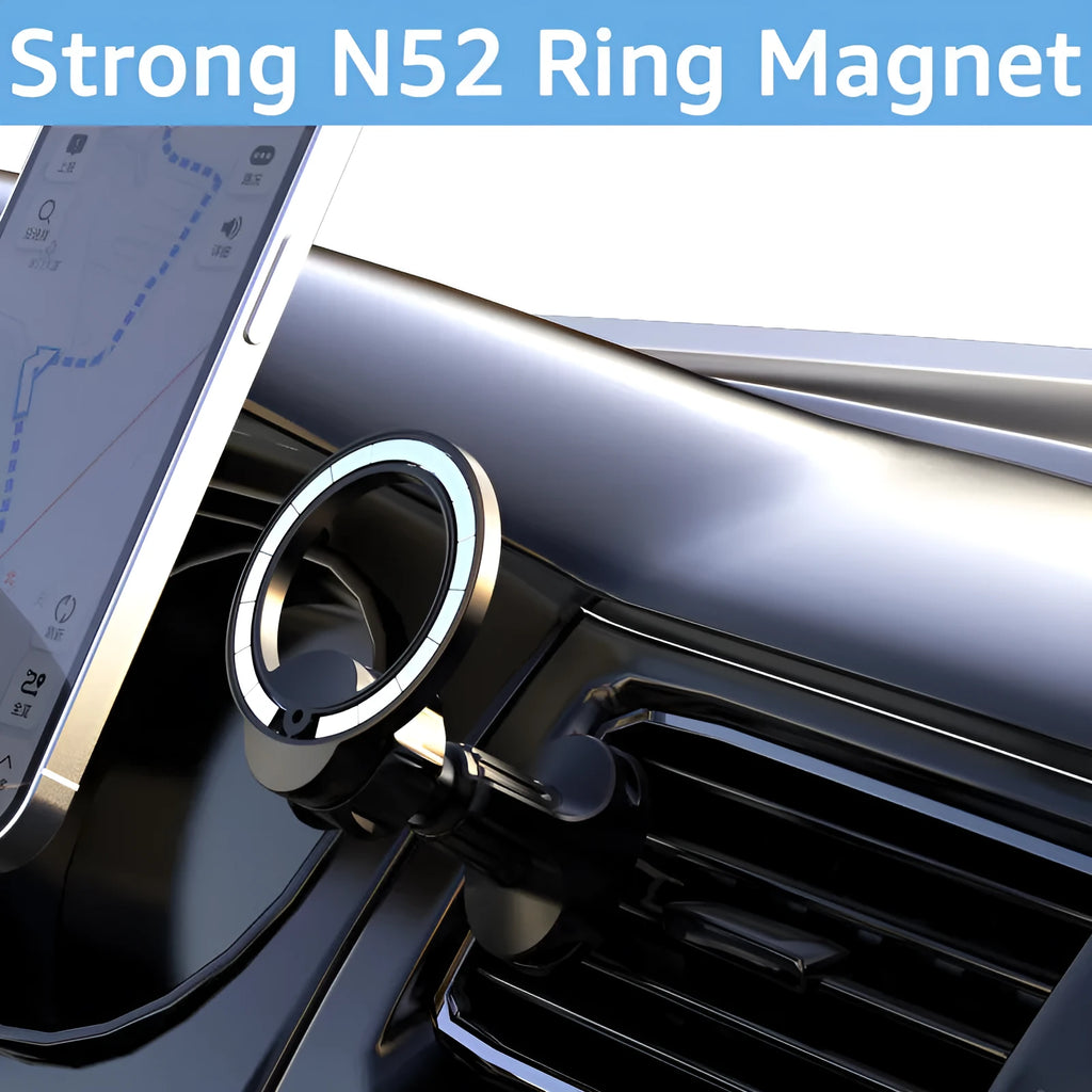 Black magnetic car air vent phone holder with O-ring design holding a smartphone