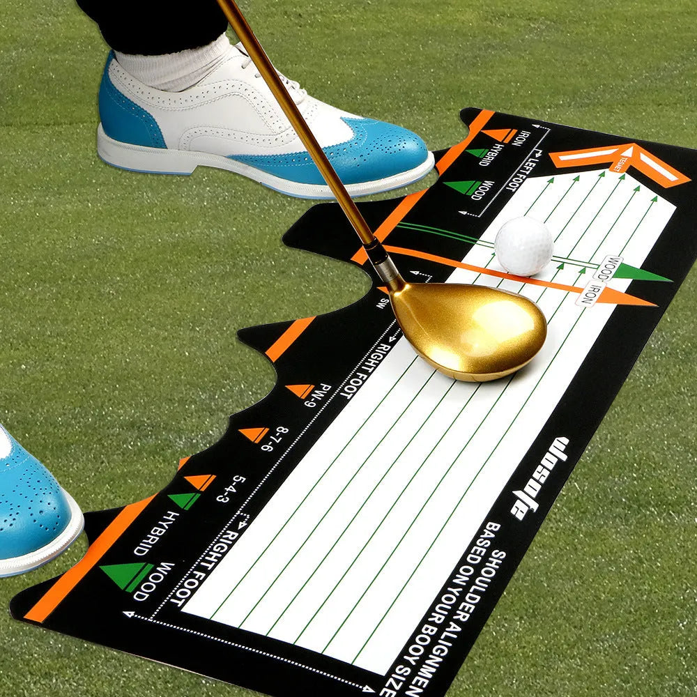 Black neoprene golf swing posture alignment mat for beginners.