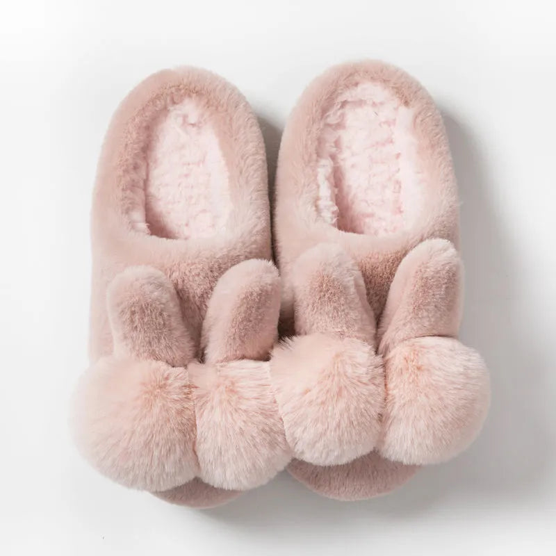 Women's rabbit fur winter slippers in high upper design with flower pattern and low heel