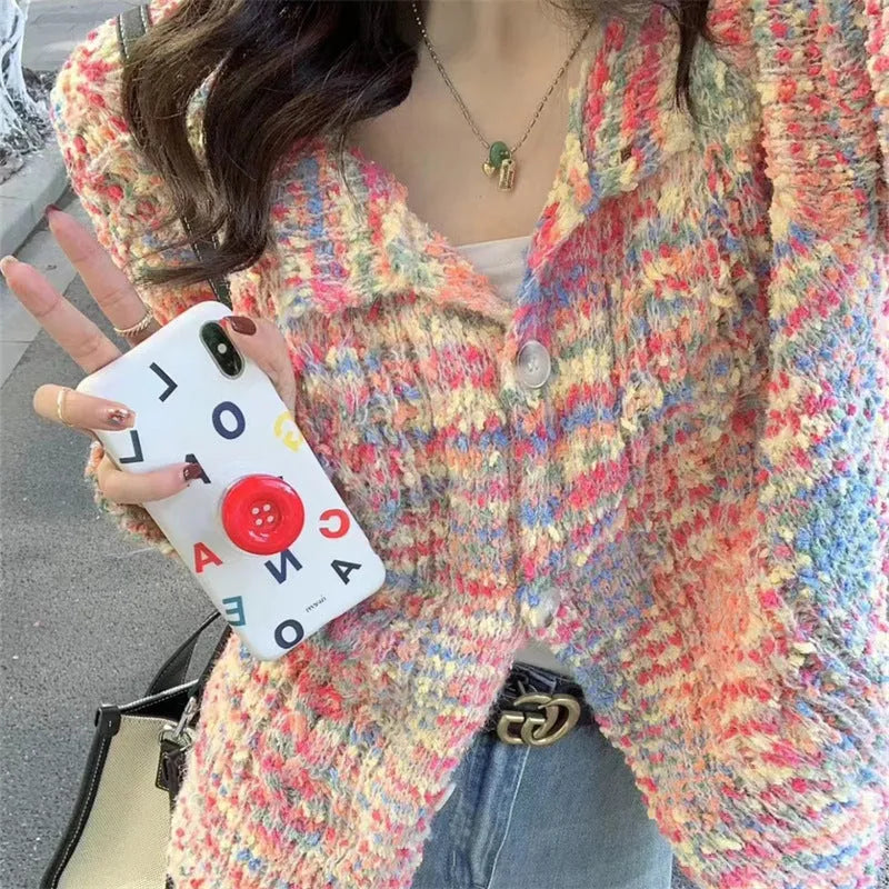 Retro gentle idle style knitted rainbow sweater cardigan in pink or green ice cream colours
