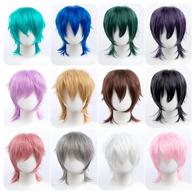 Short anime-style cosplay wig with a lengthened, straight hair tail on a wig stand.
