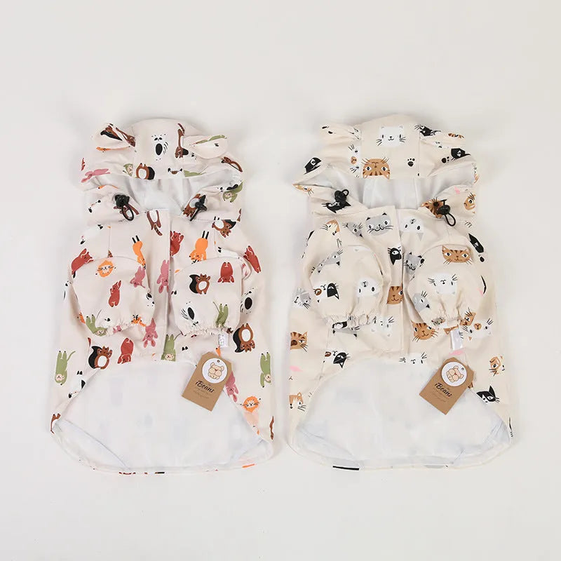 Cartoon-style dog raincoat with double waterproof coating in beige colour options