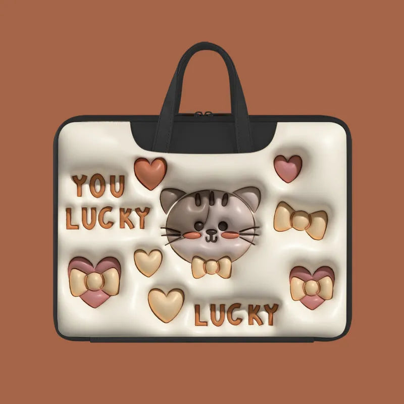 Inflatable laptop bag showing luggage attachment feature and available in multiple colour patterns