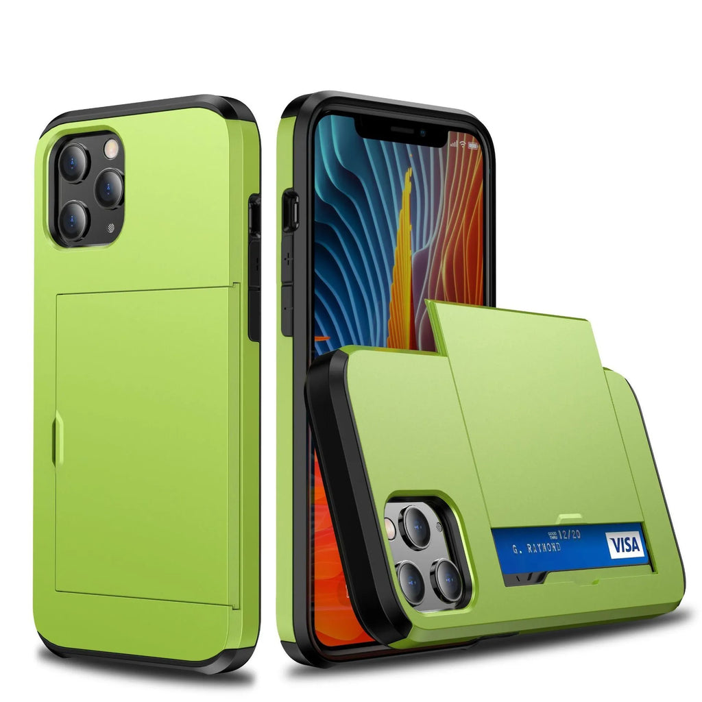Card push sliding phone case for iPhone 14 series in black with back card slot and sliding cover
