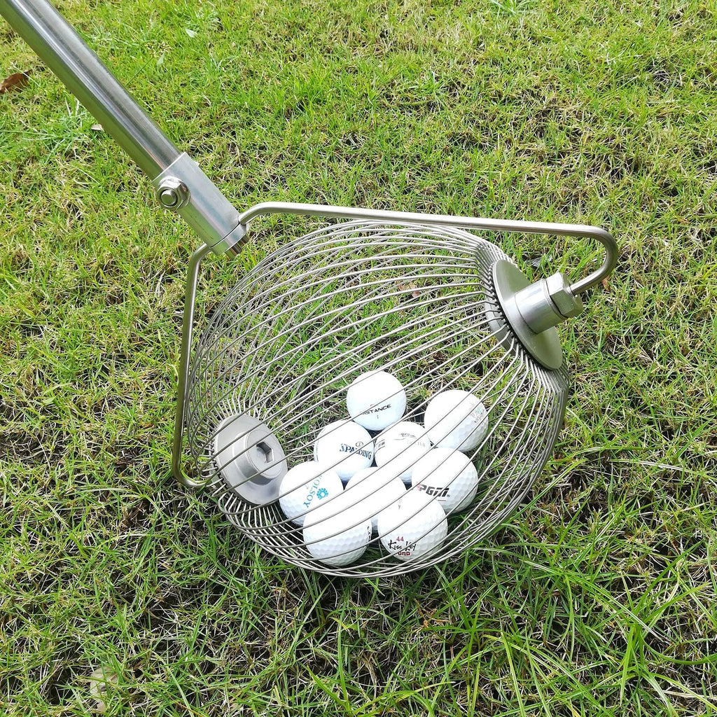 A metallic coloured 304 stainless steel golf ball picker on a green background.