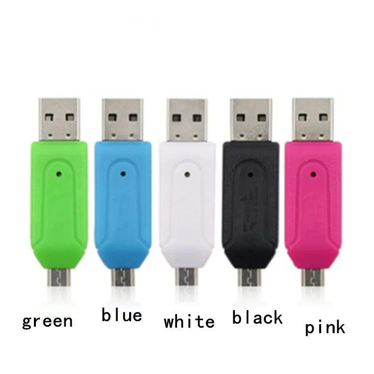 White OTG card reader with micro USB and USB connectors for Android phones and computers