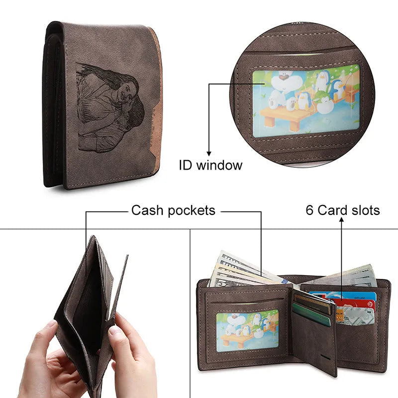 Coffee brown horizontal short wallet made of PU with custom engraving option measuring 120mm x 99mm x 25mm