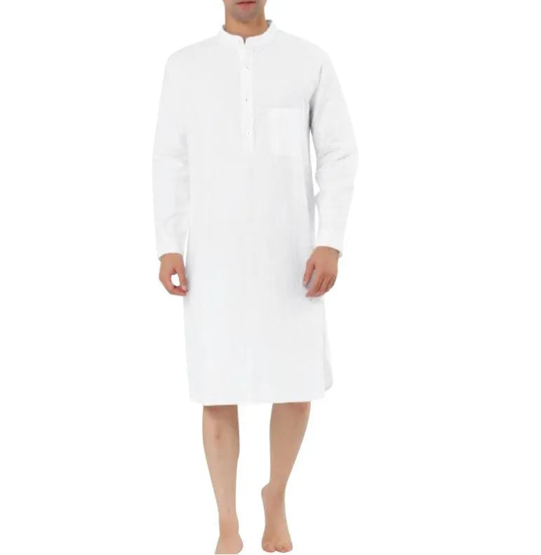 Men's cotton shirt-style robe with front pockets shown in multiple colour options.