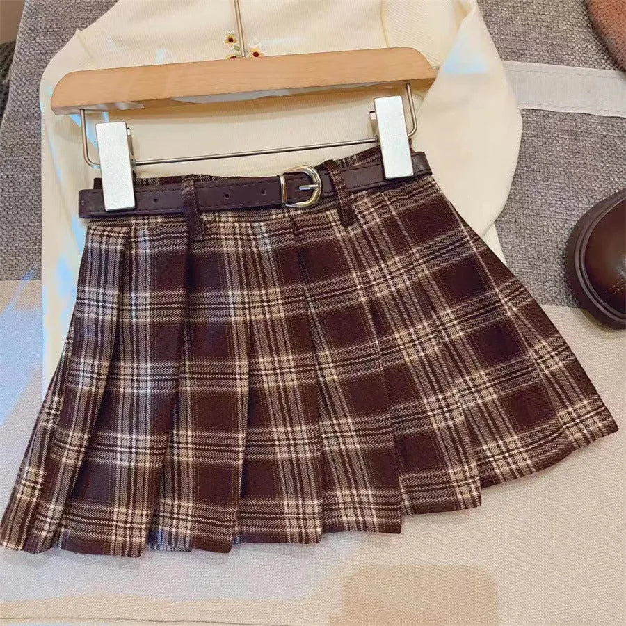 Children's plaid pattern pleated skirt in cotton blend fabric with A-line cut design