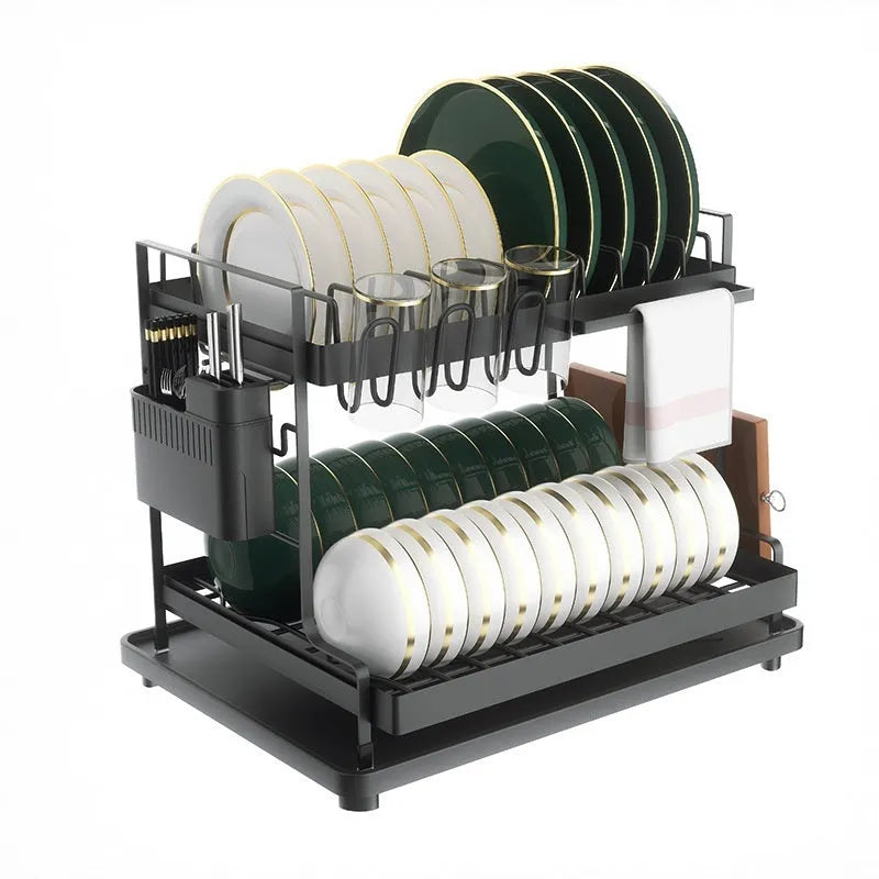 White double-layer metal kitchen draining rack with a removable plastic drip tray underneath