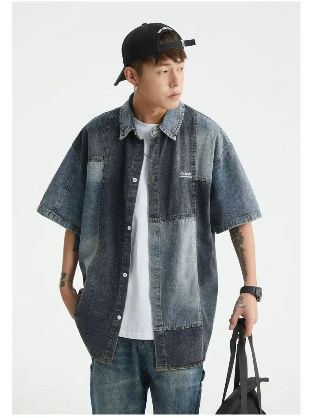 Blue Japanese-style retro denim shirt with washed stitching, loose cardigan design for men