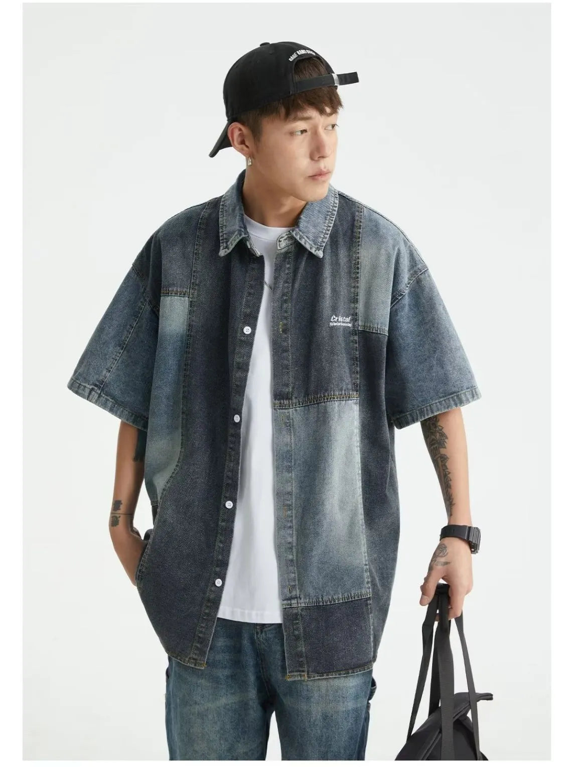 Blue Japanese-style retro denim shirt with washed stitching, loose cardigan design for men
