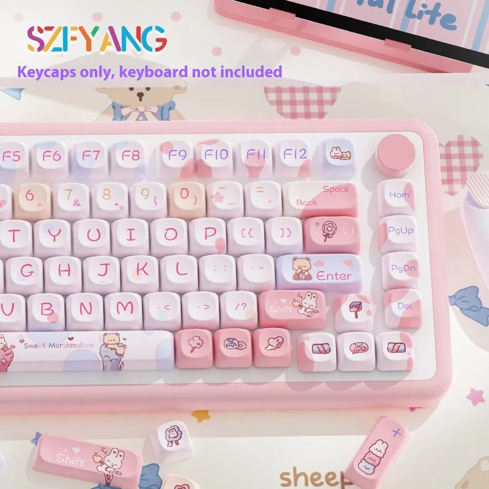 Sweet Cotton Candy coloured PBT keycap set for mechanical keyboards in its box.