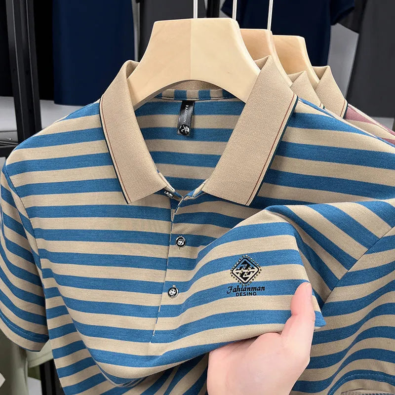 Men's red striped polo shirt with mosaic pattern on short sleeves