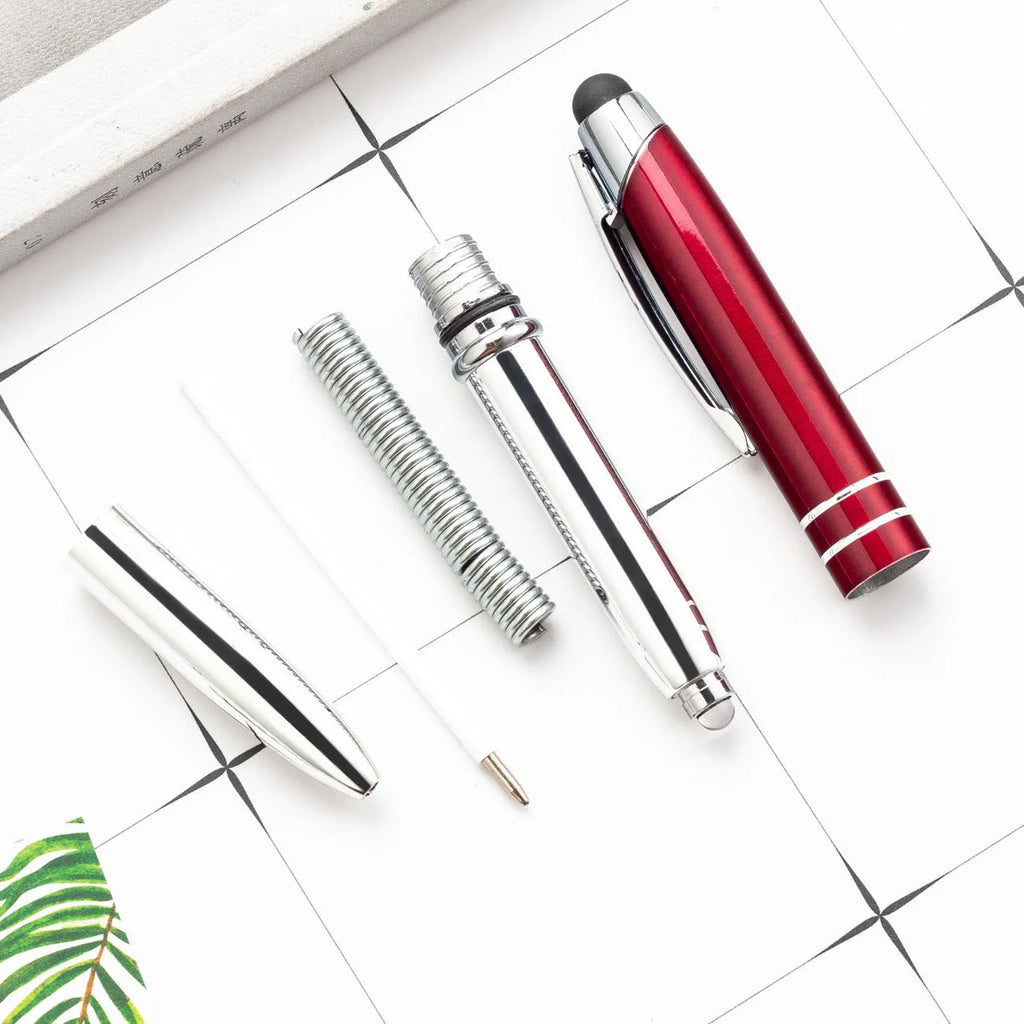 Multifunctional metal capacitive stylus ballpoint pen with LED light in red, black, white, green, and blue colours.