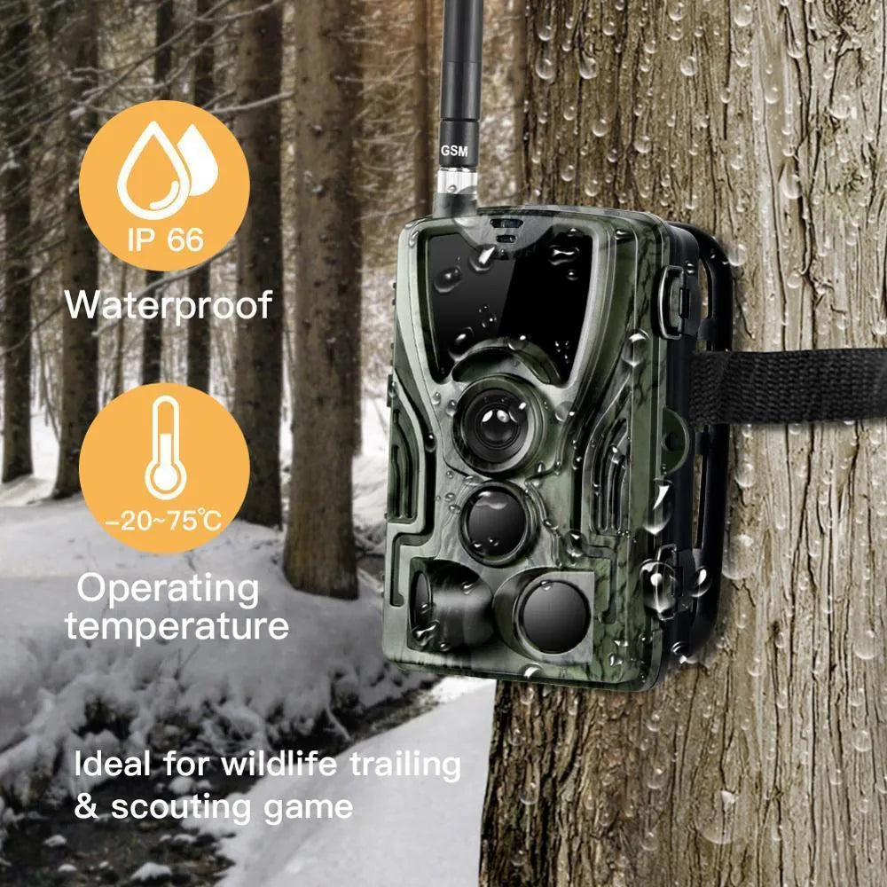 Green cellular trail camera with 16MP sensor and infrared LEDs for night vision wildlife monitoring