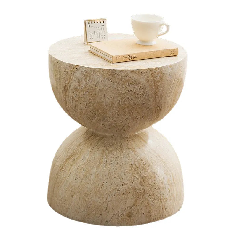 Magnesium oxide sofa side tea table with imitation cave stone finish in hourglass tea table colour for apartment living room or balcony corner