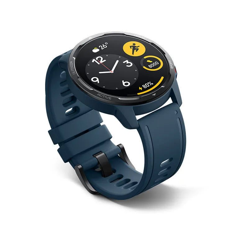 Smart watch with dual band GPS, 1.43-inch screen, and silicone strap in black, white, or blue