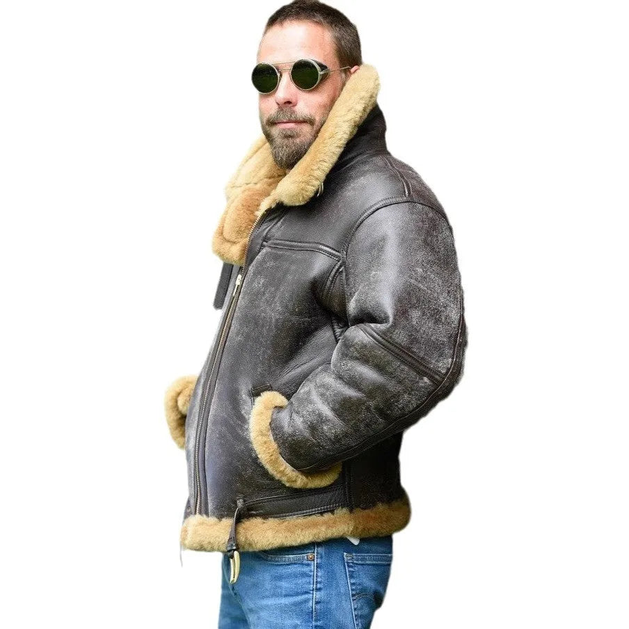 Men's brown synthetic leather retro fur coat for winter on a hanger.