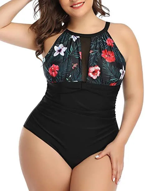 Women's black one-piece swimsuit with red flower pattern, plus size swimwear