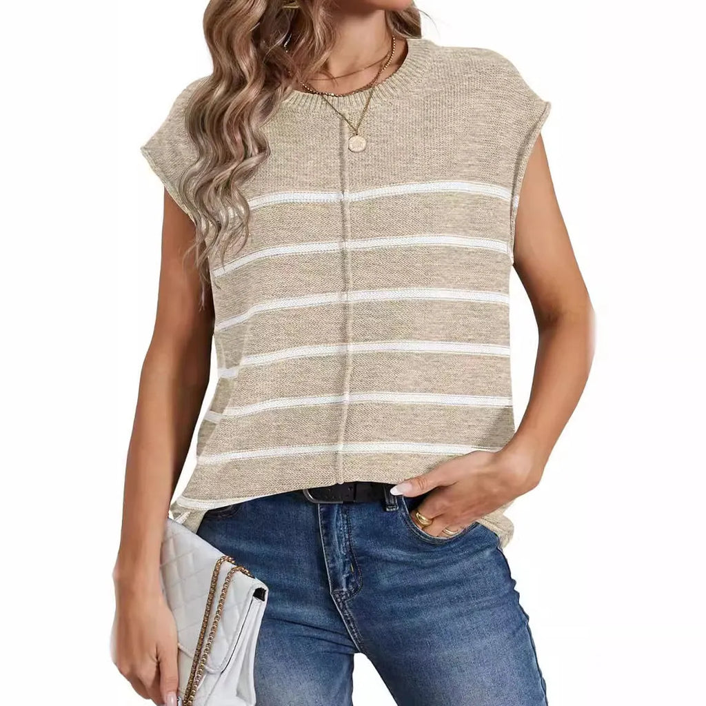 Women's striped sleeveless pullover top with bone stitch detailing in apricot colour