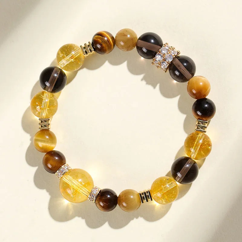 Women's natural style yellow tower crystal bead bracelet with 10mm Jinba large beads on wrist