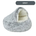 Round plush hooded cat bed in faux fur with non-skid base, semi-enclosed donut shape, available in 40cm, 50cm, 60cm