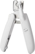 White pet nail clippers with LED light, transparent anti-splash guard, and integrated nail file on a grey background.